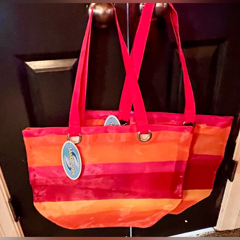 Two NWT Sand N Sun Mesh Striped Beach Bags Totes (2) 15"x 19"